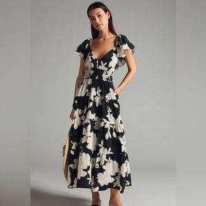 Anthropologie Silverlake Flutter Sleeve Dress Floral In Black; Small NWT